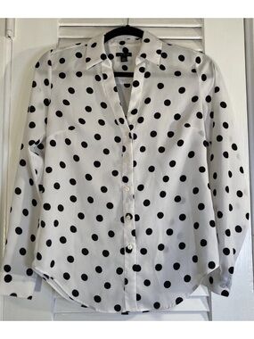 Ann Taylor White Button-Down Blouse with Black Polka Dots